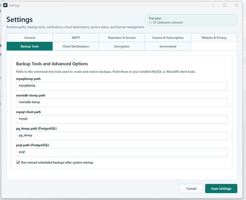 DB-Backup Manager Settings window showing the Backup Tools page
